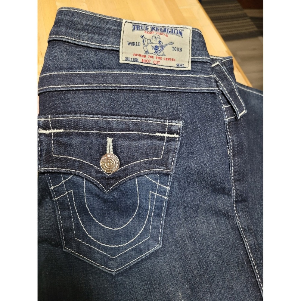 True Religion World Tour Bootcut Jeans Dark Wash White‎ Contrast Big T Stitch 28